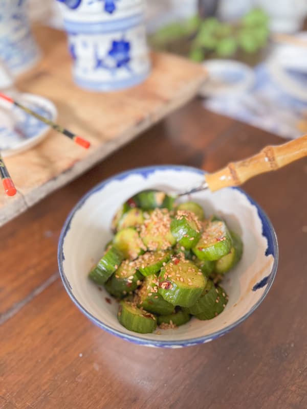 Chinese Pickled Cucumber Recipe made with Pantry Staple Ingredients.  Crunchy and spicy appetizer or side dish.