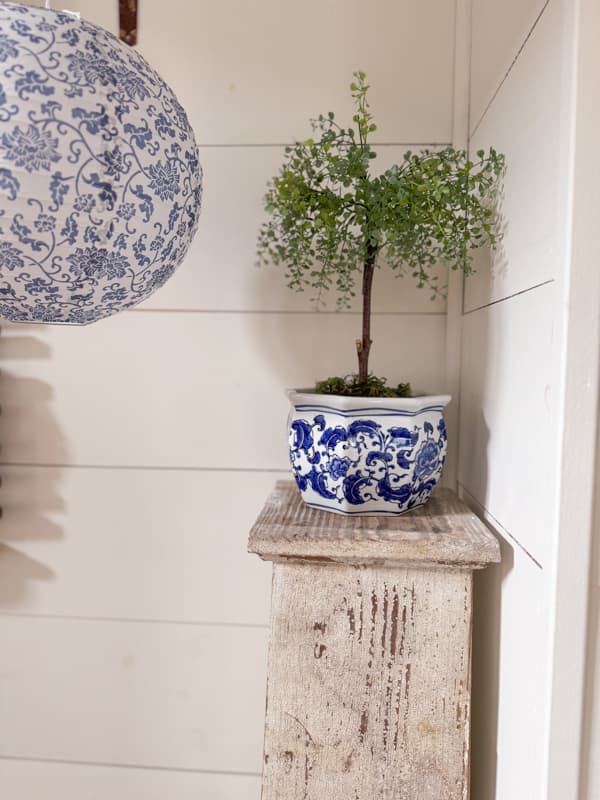 DIY topiary in blue and white planter.