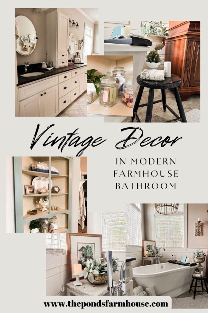 How To Decorate a Modern Farmhouse Bathroom with Vintage Furniture and Decor to Add Vintage Charm.