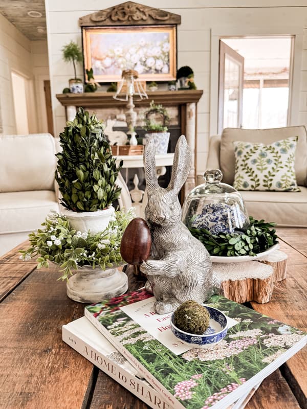 Easter Centerpiece for Coffee Table in Spring Decorating Farmhouse Tour. 