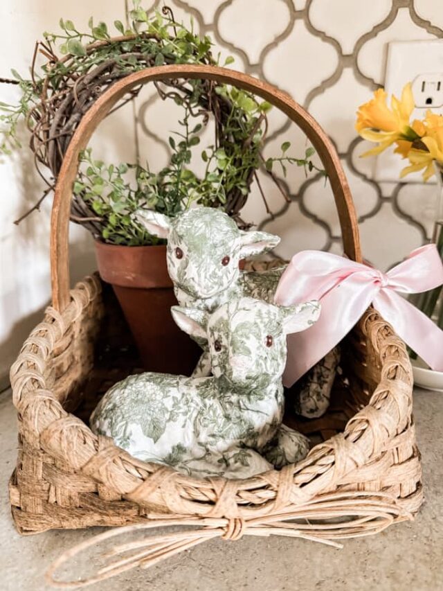 Decoupaged Lambs in basket with grapevine topiary. Easter Lambs.