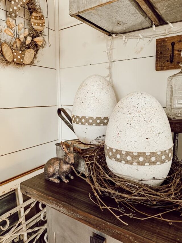 DIY Dollar Tree Large Speckled Easter Eggs with Rusitc Wreath.