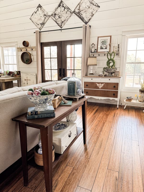 DIY sofa table filled with DIY projects and entry table for Spring Decorating.