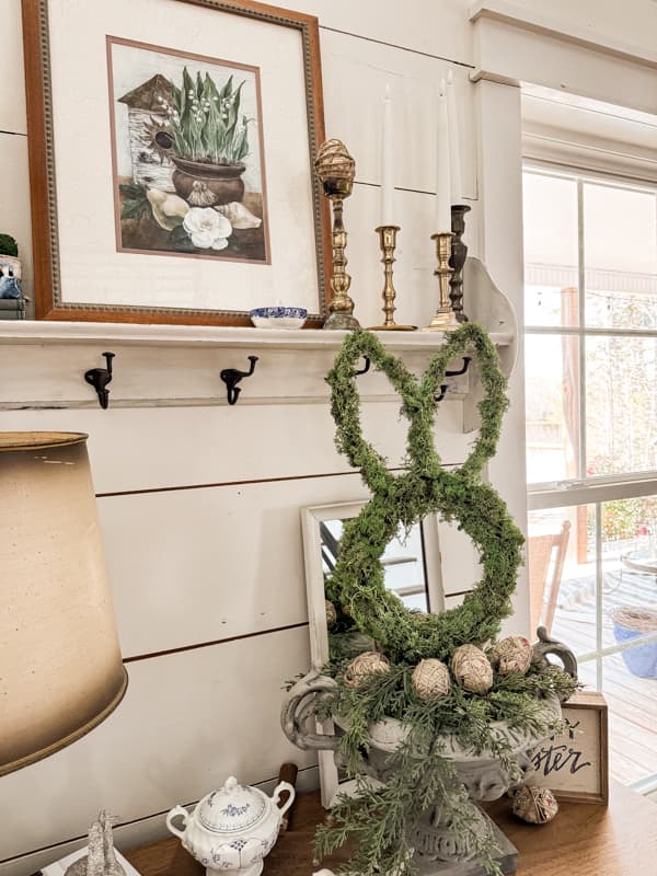 DIY Dollar Tree Easter Rabbit Topiary and thrift store print.