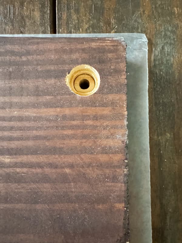 Countersink hole for carriage bolt to make a DIY Flower Press.  