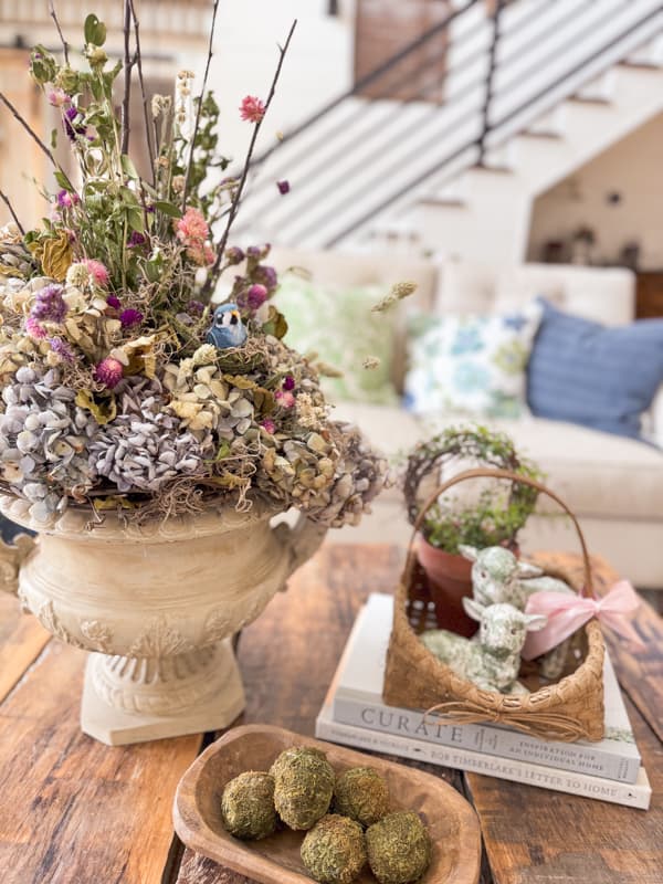 How To dry flowers for a coffee table centerpiece arrangement in blues and greens for Spring.