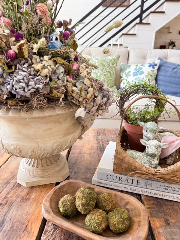 Create a DIY centerpiece for Spring and Easter with dried hydrangeas.  How to dry flowers for Spring decorating.  