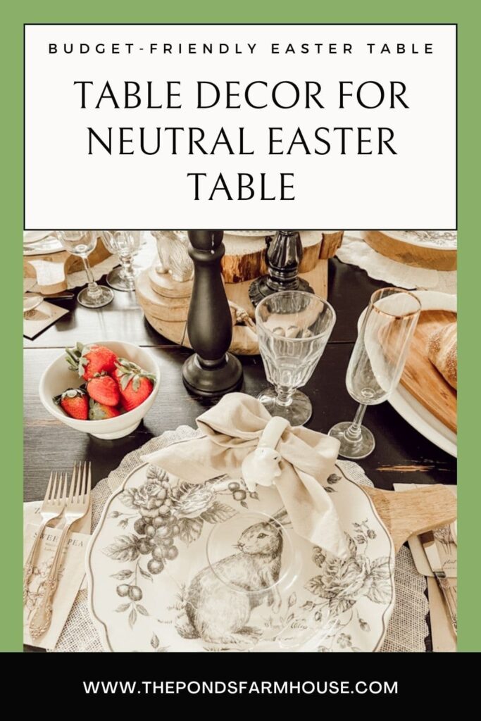 Decorations for Easter Table with Neutral Black and White Rabbit Dishes and wooden accents.  