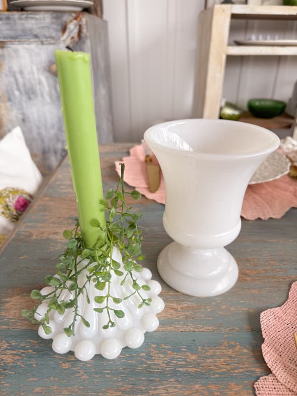 Vintage milk glass candleholder and vase.