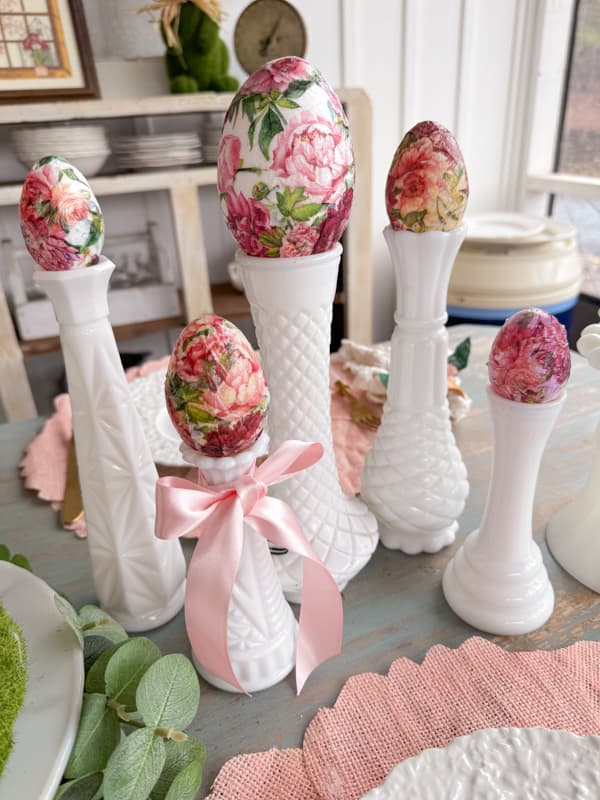 Decoupage Easter Eggs in vintage milk glass bud vases for Easter Table Centerpiece.