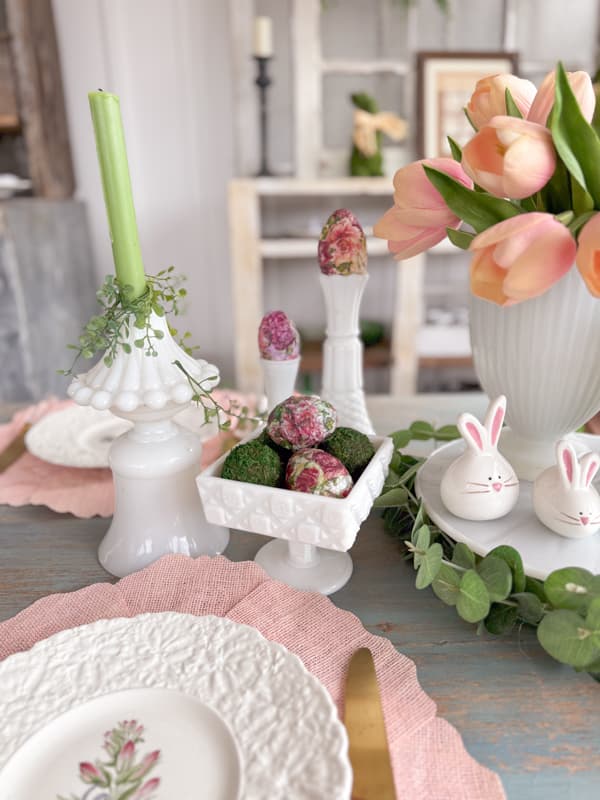 Vintage milk glass centerpiece for Easter Tablescape.