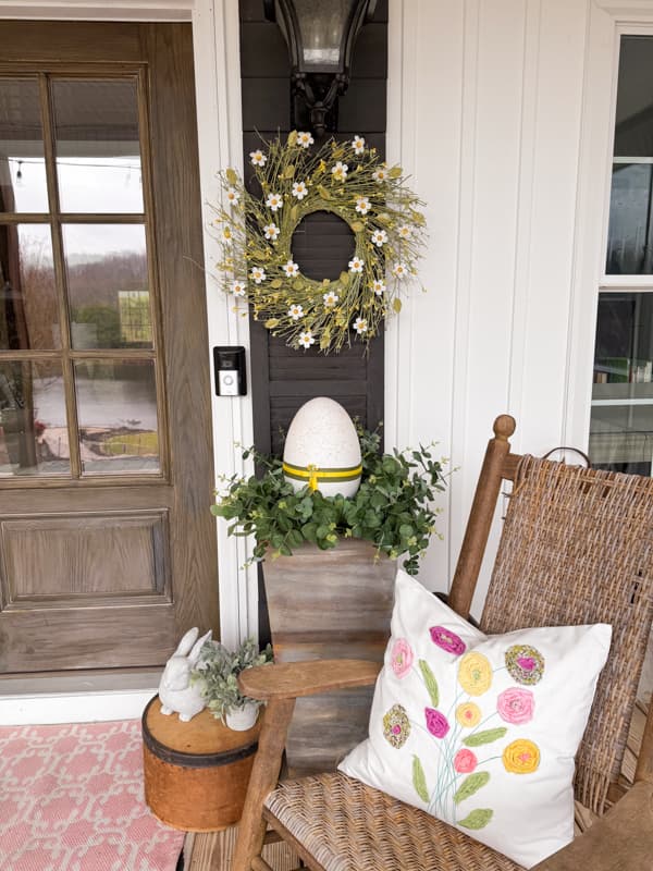 DIY Scrap Pillow Cover with Spring Flowers in rocker and DIY Easter Decorations for outside in planters.  