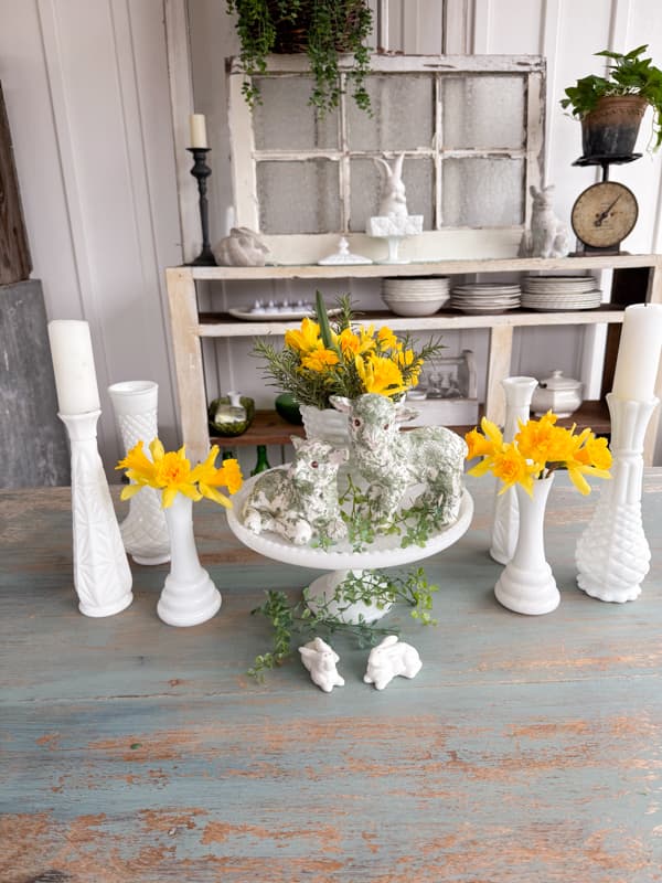 Napkin Decoupage Easter Lambs Easy Thrift Store makeover with yellow daffodills and milk glass vases.