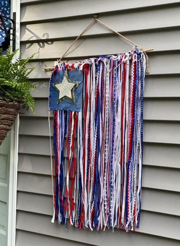 Scrap fabric and ribbon DIY 4th of July flag wreath.  