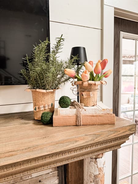 Mantel Flower Pot Decorating ideas with rosemary and faux tulips. 