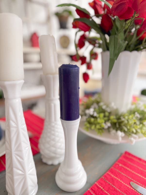 Red, white, and blue milk glass summer centerpiece ideas.  Farmhouse Style, Cottage Style, Summer Tablescape. 