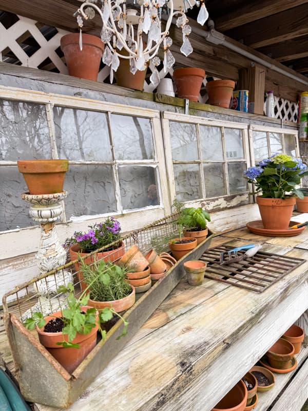 Farmhouse potting bench with old clay pots and a flower and herb container garden.  