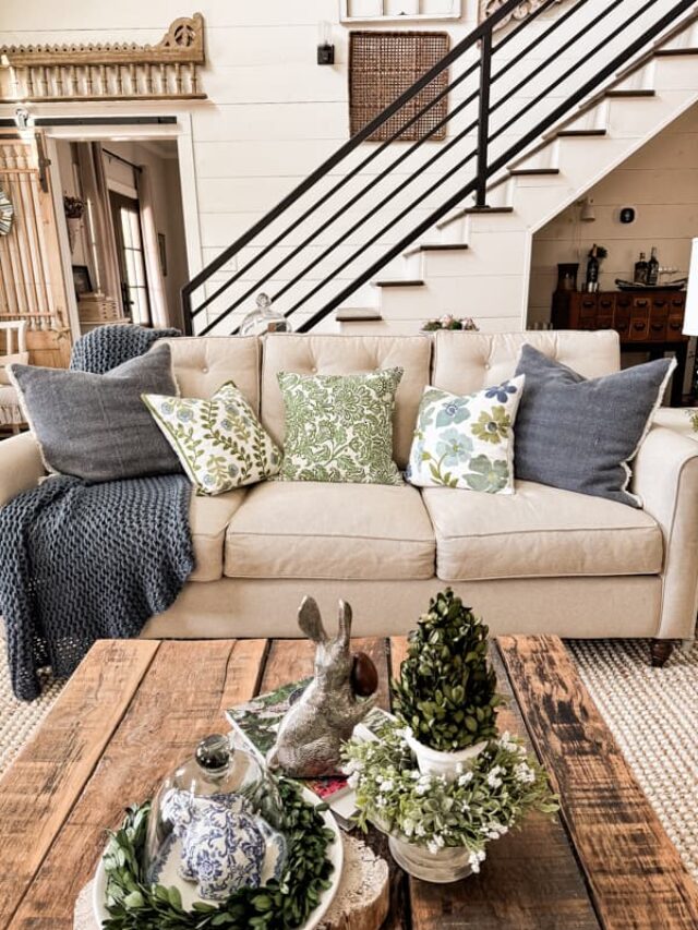 Sofa and pillows for Spring Home Refresh. Farmhouse spring decorating.