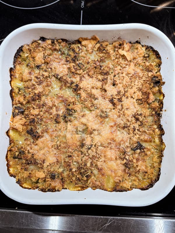 Oyster Casserole baked in white dish. 