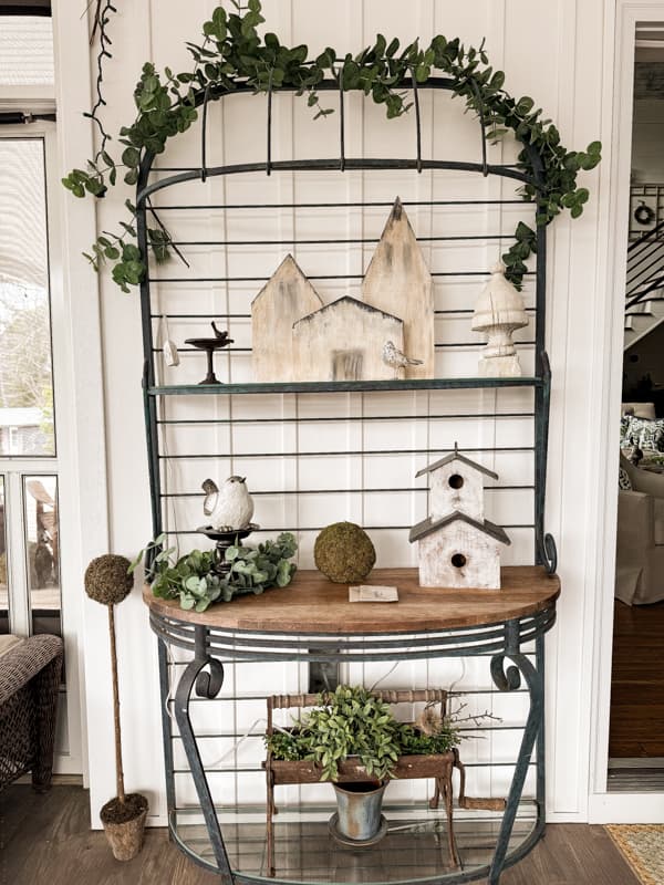 Baker's Rack with DIY Scrap Wood village for Spring Porch Decor ideas. 