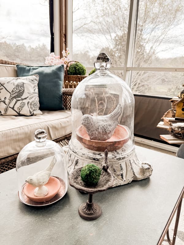 Birds on clay saucers and under glass cloches on coffee table in screened porch for Spring Porch Decor.  