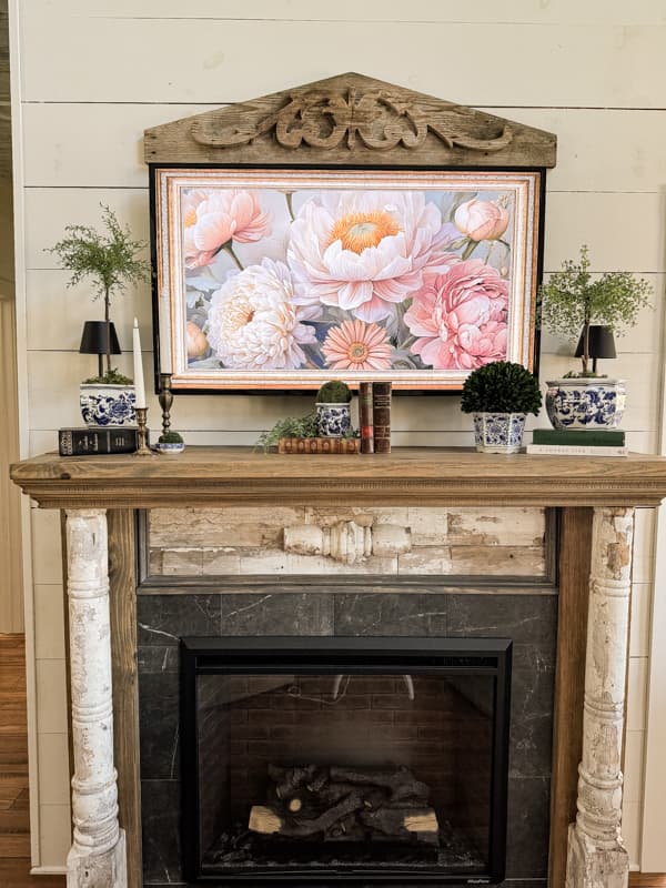 Classic blue and white flower containers with topiaries and preserved boxwood for Farmhouse Spring Mantel 