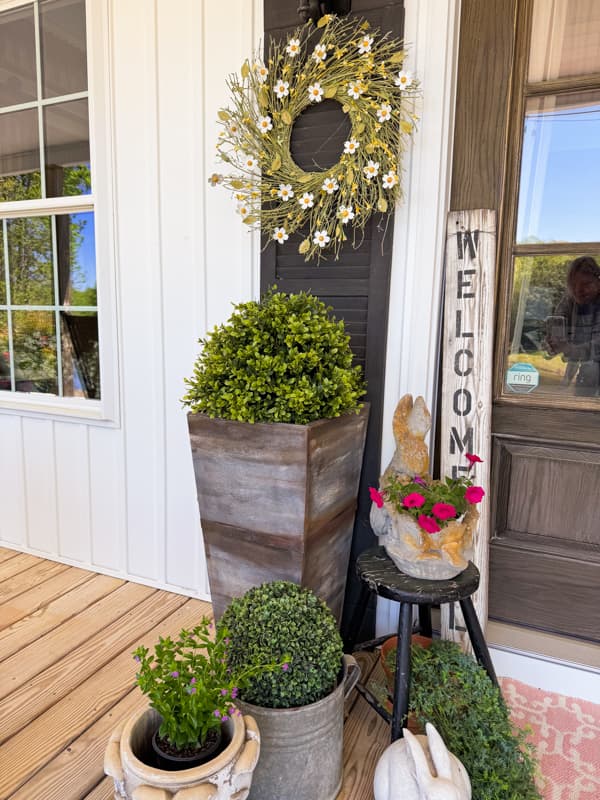 DIY Planter and Wreaths combined with Faux Boxwood topiary for inviting Farmhouse front porch.