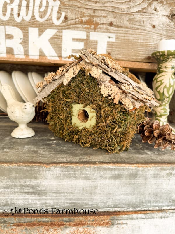 Thrifted Birdhouse Makeover with Moss and Tree Bark