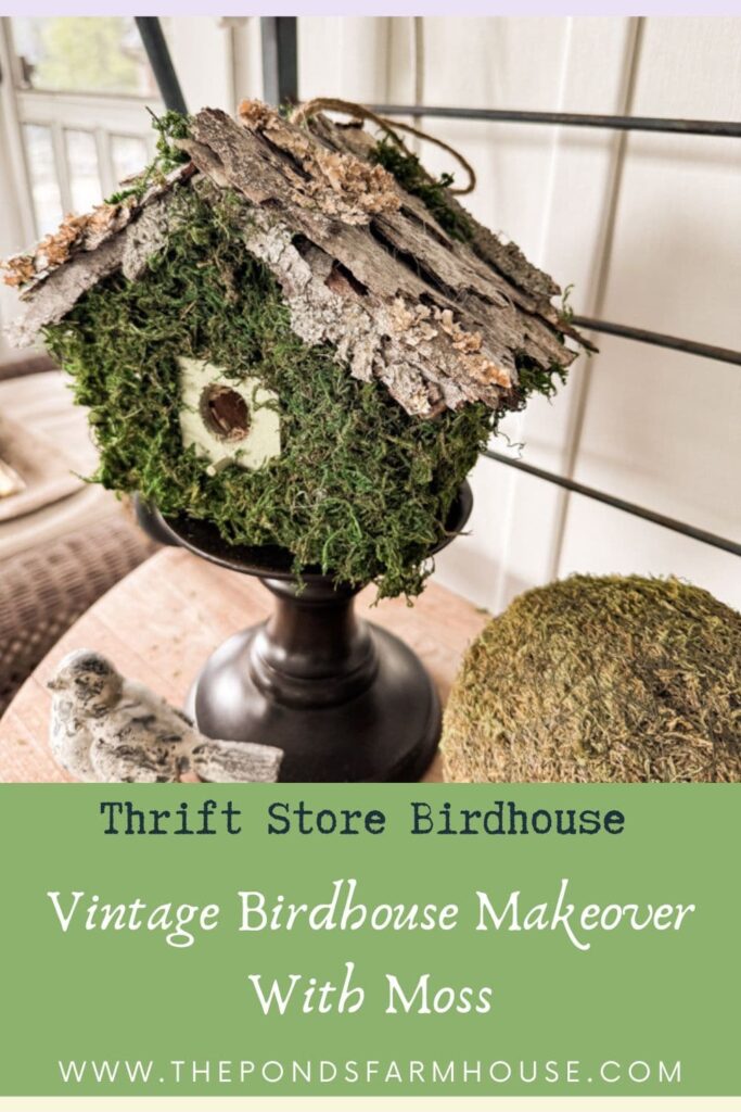 How To update a Vintage Thrift Store Birdhouse with moss and tree bark for high end garden decor.  