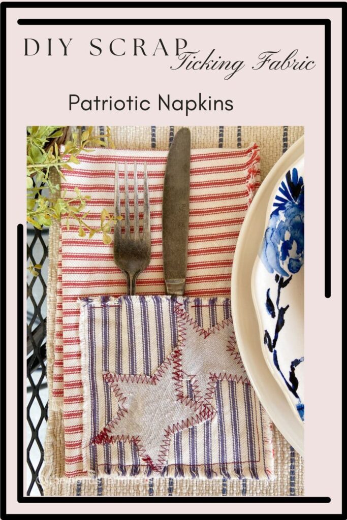 DIY Scrap Fabric Craft: Ticking Fabric Napkins with cutlery pockets for Patriotic Tablescapes.