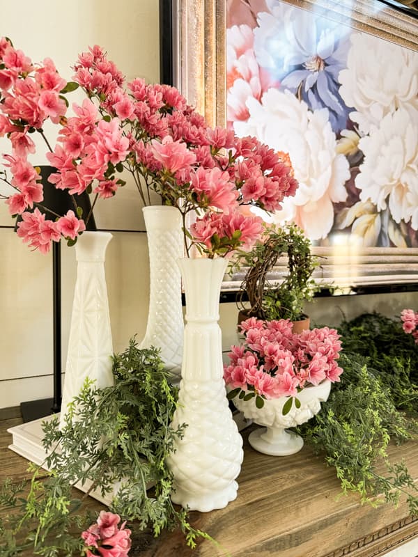 Trio of milk glass bud vases with pink azaleas for Farmhouse Springtime  Mantel decor