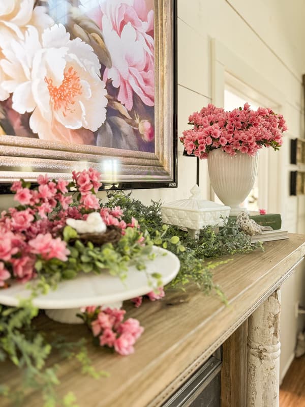 Milk Glas Springtime Mantel with pink azaleas on shabby chic mantel