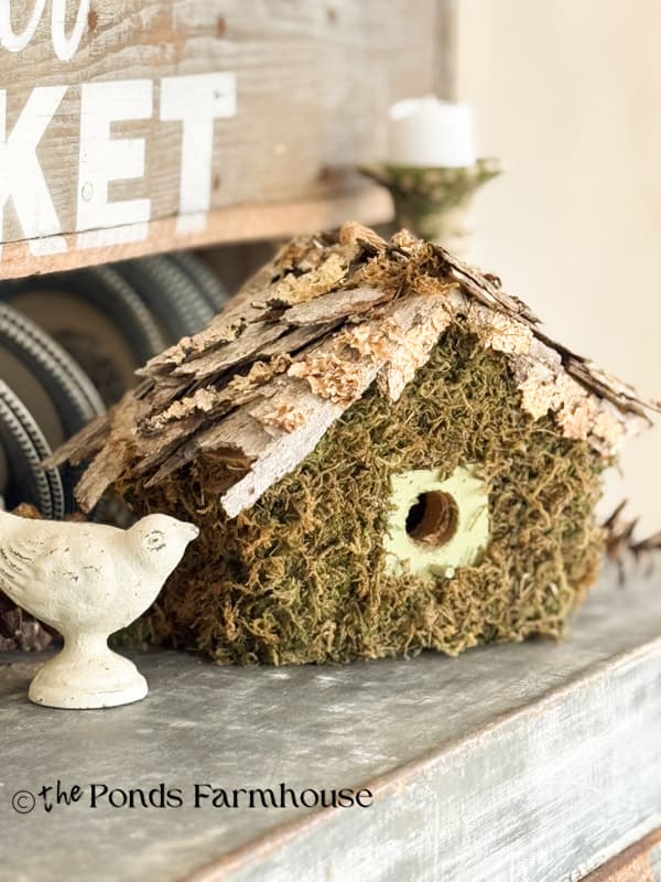 DIY Thrifted Birdhouse Makeover with Moss and Tree Bark