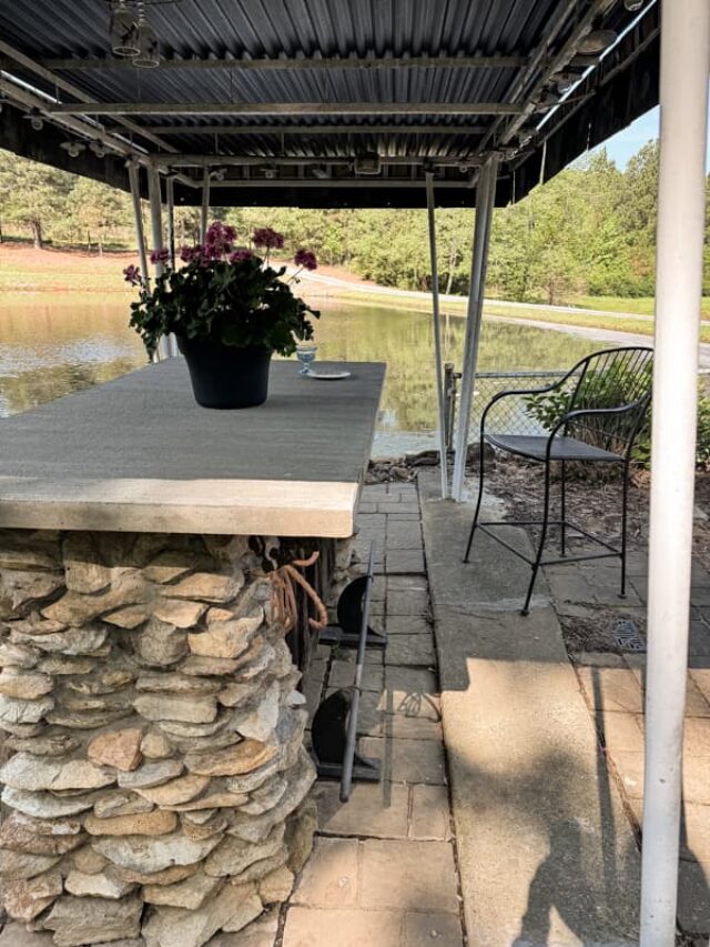 DIY Concrete Countertop on outdoor bar by pond.