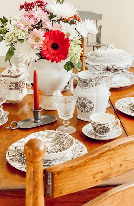 Ann's Memories of Mom tablescape with vintage dishes that her mother collected.
