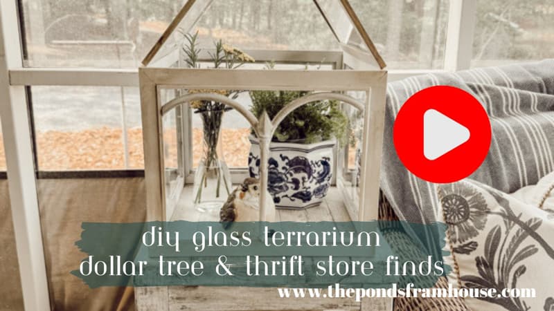 Video of DIY Glass Terrarium with Dollar Tree and thrift store supplies.