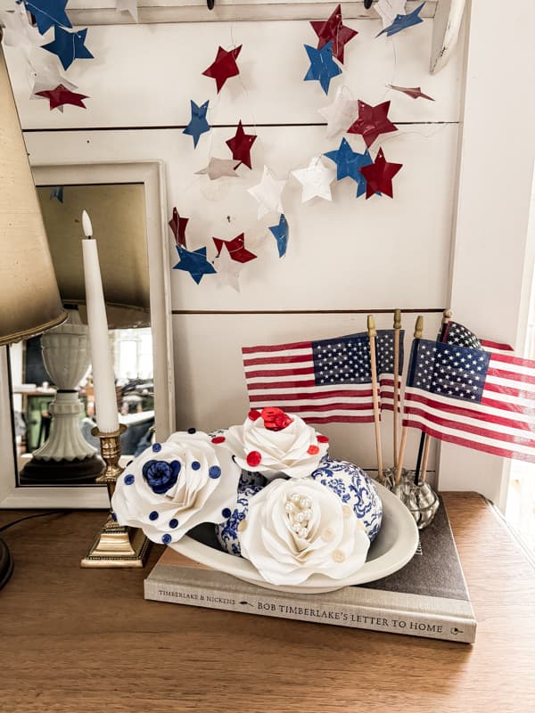 DIY Patriotic Paper roses with vintage buttons and flags and DIY star garland.  DIY button crafts