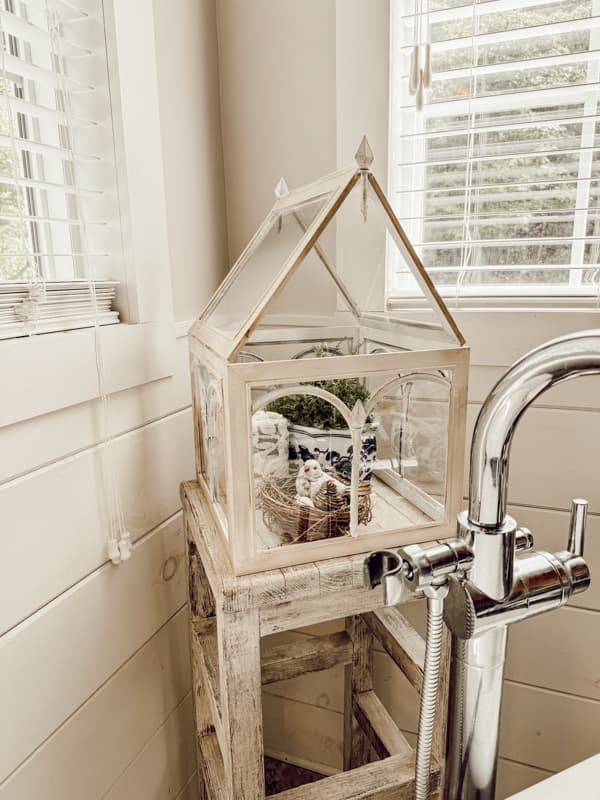 Glass Terrarium in bathroom on Thrifted bar stool painted white.  