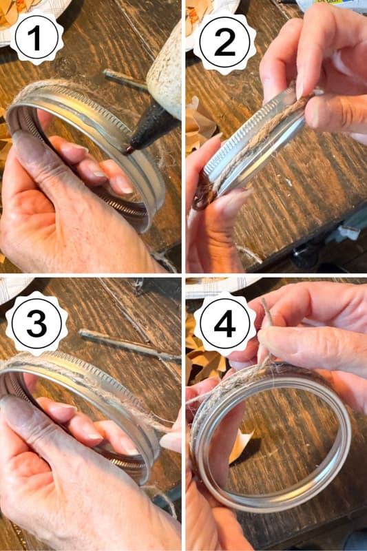 4 steps to add jute twine to canning jar rings
