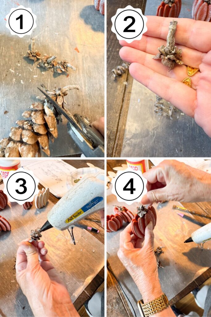 Add pinecone stem to wood pumpkin