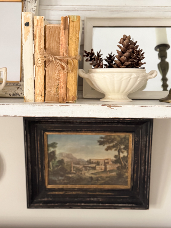 deconstructed old books and tureen with pinecones on shelf
