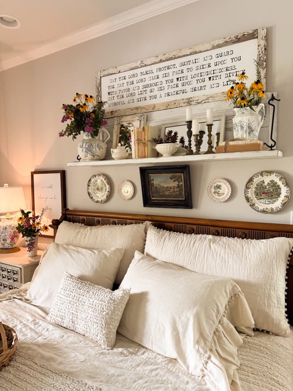 Repurposed Mantel with thrift store finds and garden flowers