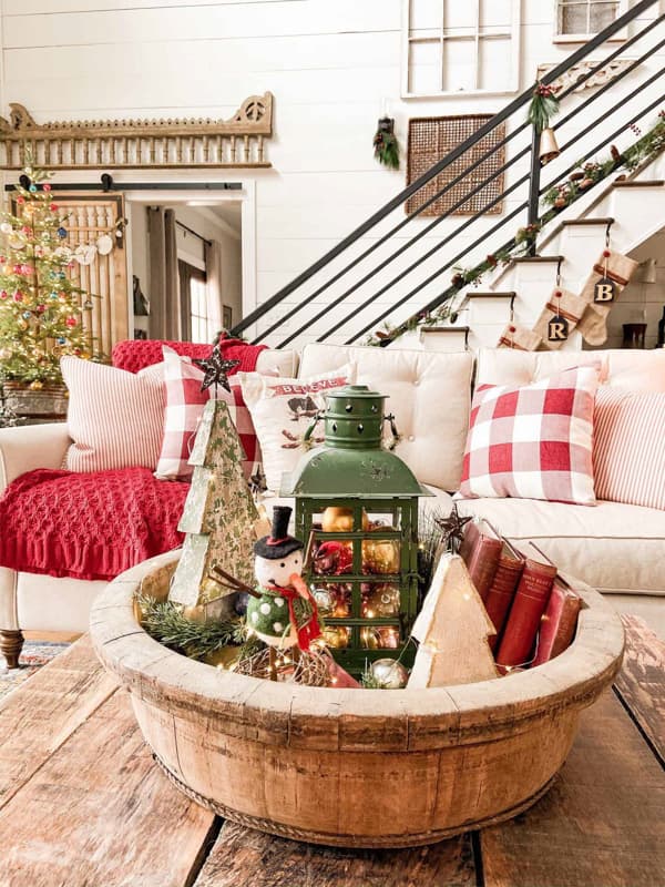 wooden bowl with Christmas Decor for coffee table centerpiece