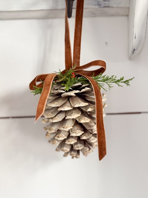 Bleach pinecone with velvet ribbon