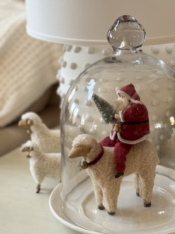 Santa on sheep under glass cloche with two small sheep