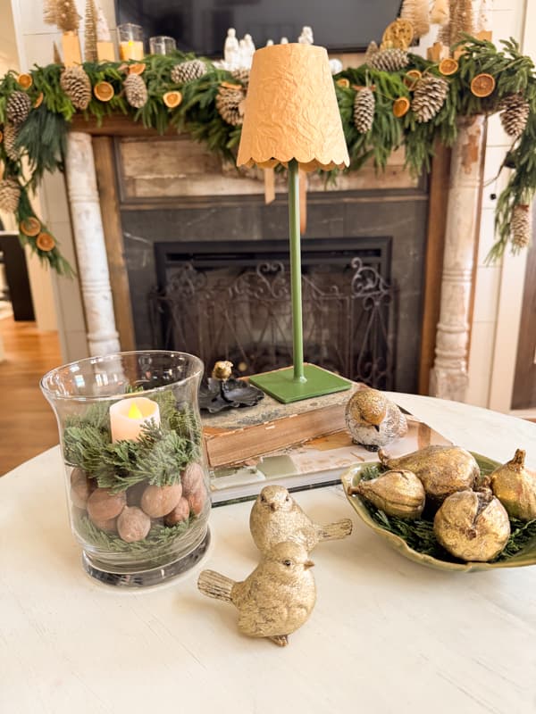 round side table decorated for Christmas 2025