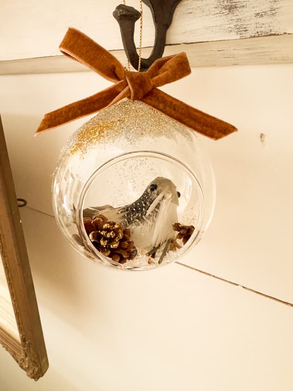 bird snowglobe hanging from a shelf