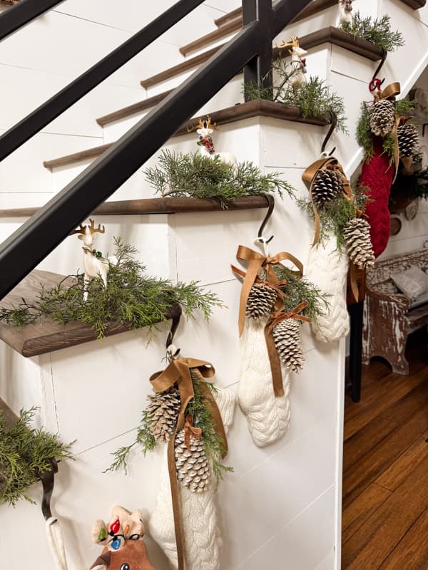 pinecone enhanced Christmas Stockings with DIY Reindeers