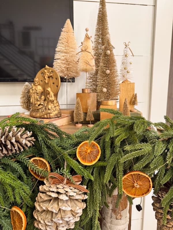 bottle brush trees updated on Christmas mantel