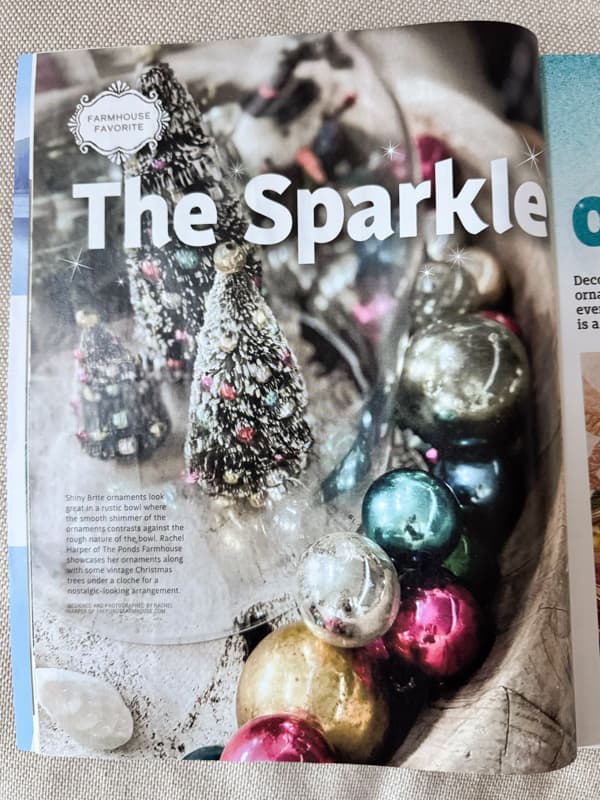 Farmhouse Style Magazine Christmas Feature shiny brites and bottle brush trees.